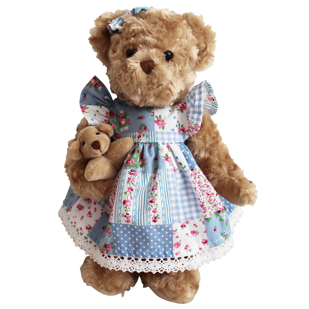 Teddy Bear In Patchwork Dress With Baby Bear