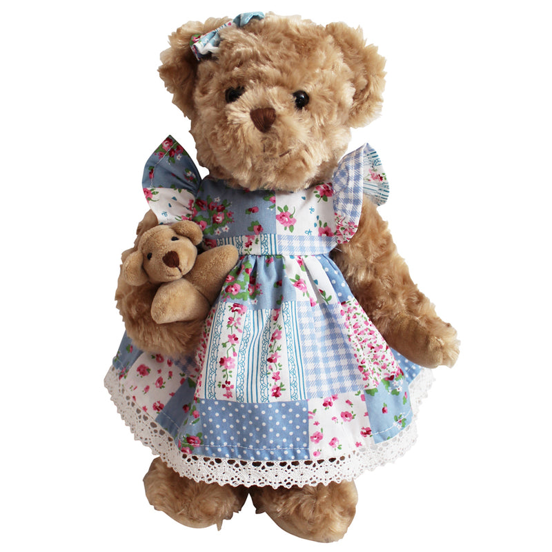 Teddy Bear In Patchwork Dress With Baby Bear