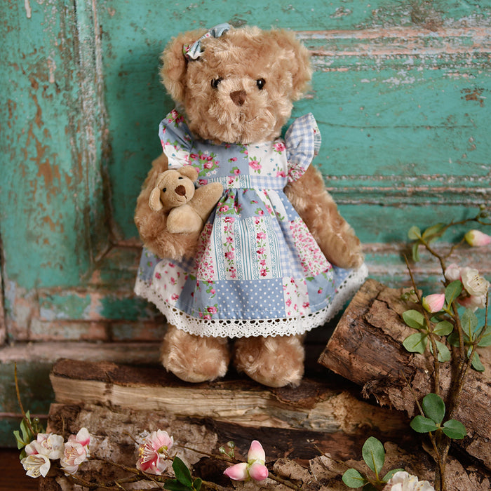 Teddy Bear In Patchwork Dress With Baby Bear