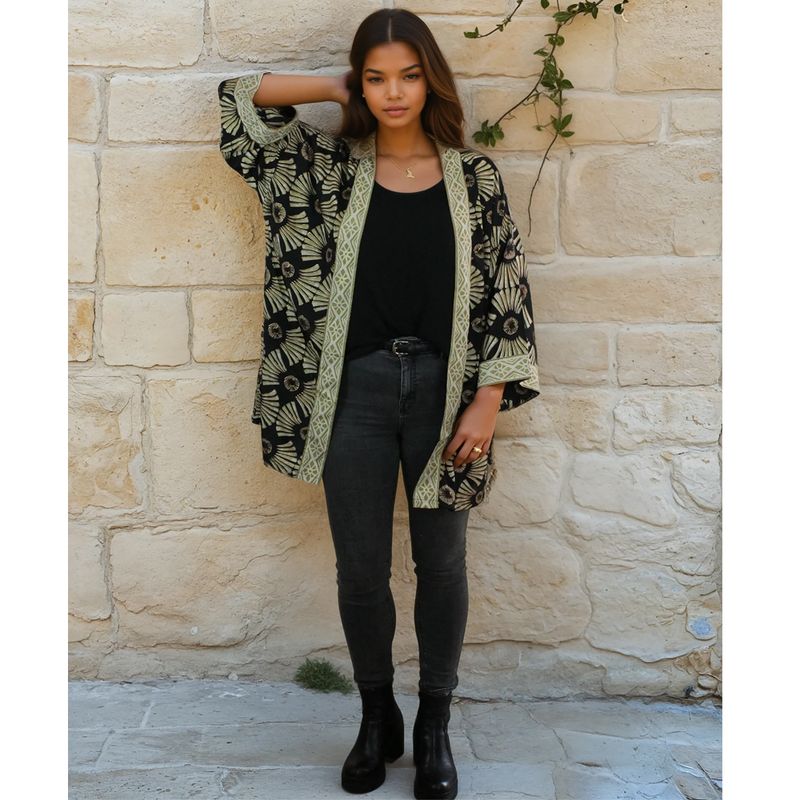 Black & Gold Fan Print Viscose Summer Jacket