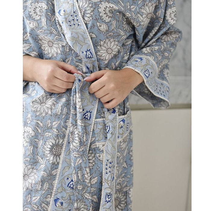 Block Printed Blue Cornflower Cotton Dressing Gown