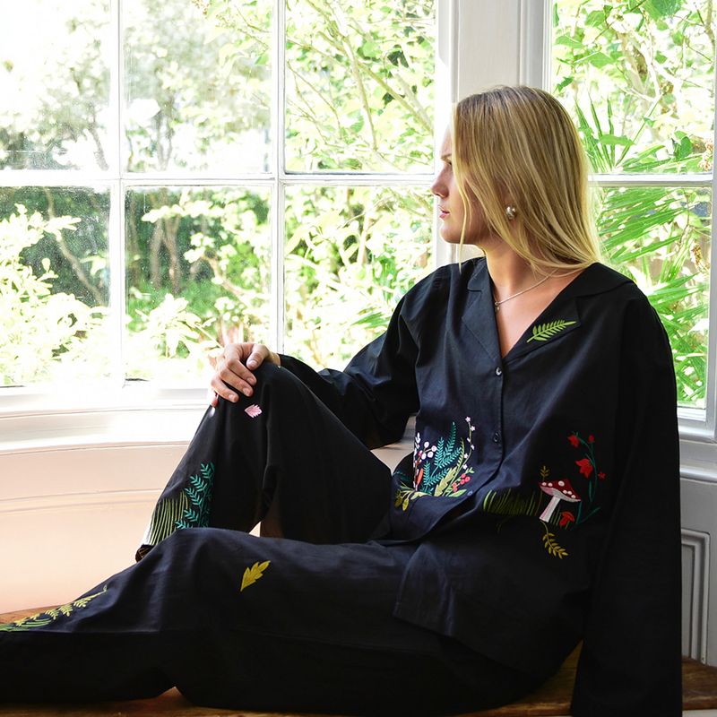 Midnight Black Embroidered Woodland Cotton Pyjamas