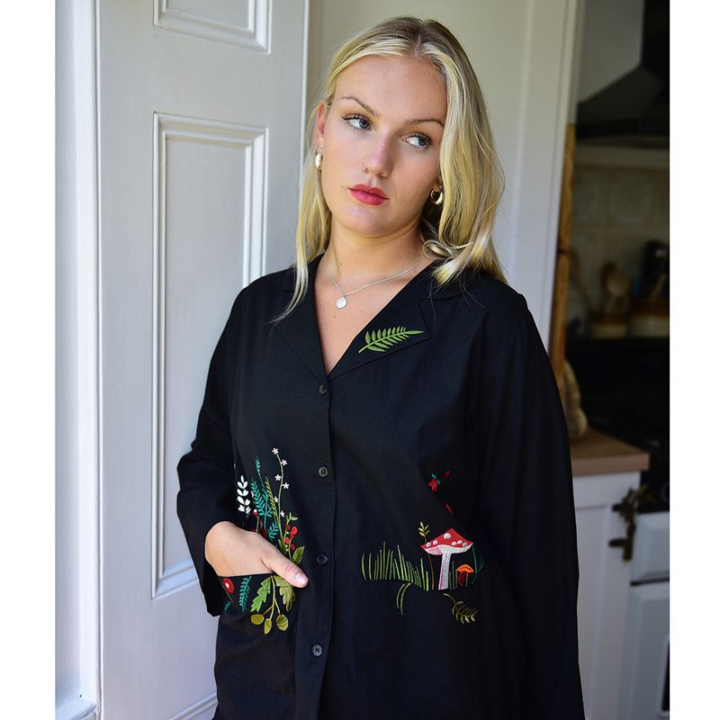 Midnight Black Embroidered Woodland Cotton Pyjamas