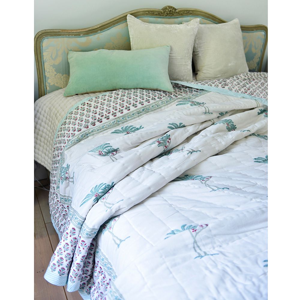 Mint Palm Tree Indian Block Printed Cotton Bed Quilt