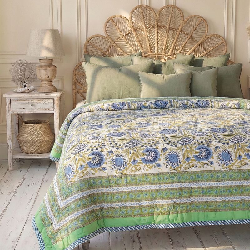 Green & Blue Floral Indian Block Printed Cotton Bed Quilt