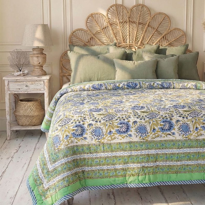 Green & Blue Floral Indian Block Printed Cotton Bed Quilt
