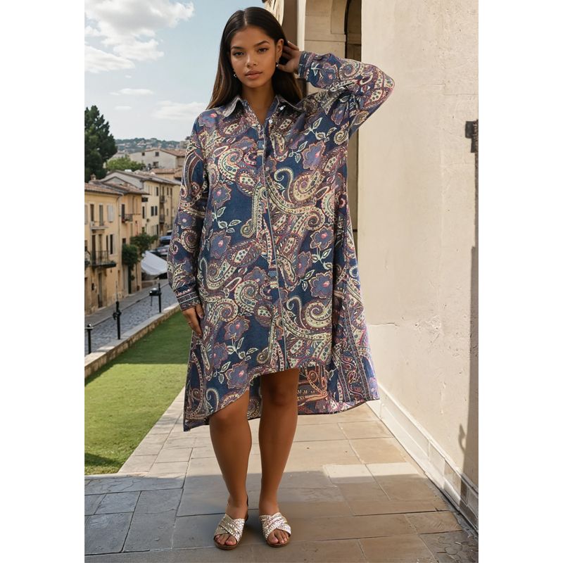 'Flora' Buttoned Blue Grey, Coral & Cream Paisley Print Shirt Dress