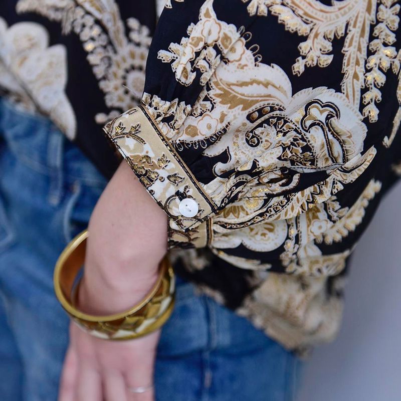 Black & Gold Baroque Floral Print Button Down Shirt