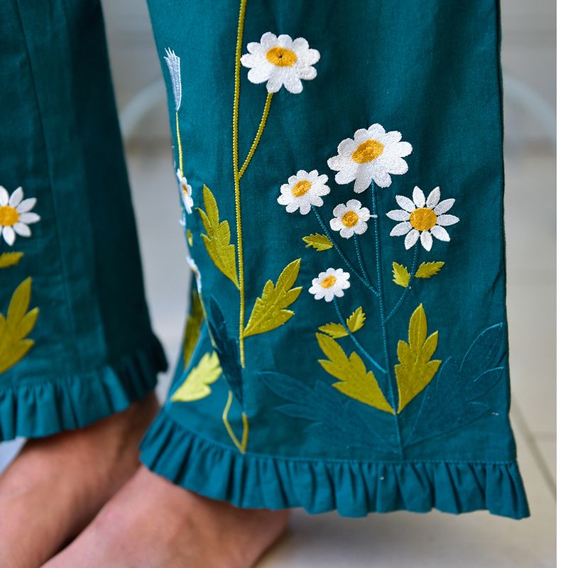 Forest Green Embroidered Floral Cotton Pyjamas