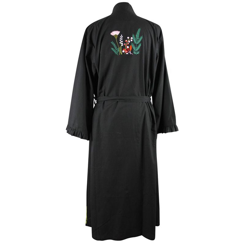 Midnight Black Embroidered Woodland Cotton Dressing Gown