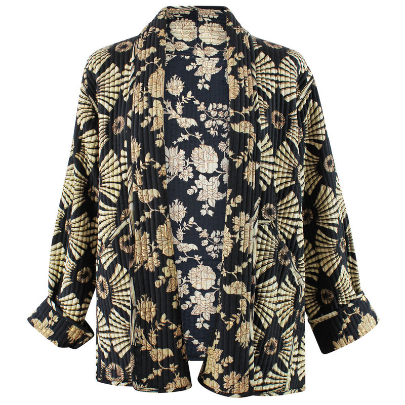 Black & Gold Fan Print Reversible Quilted Jacket