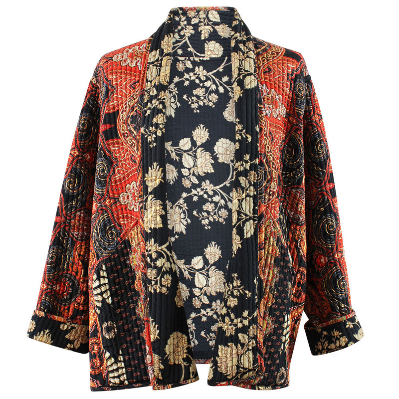 Red, Black & Gold Floral Paisley Print Reversible Quilted Jacket