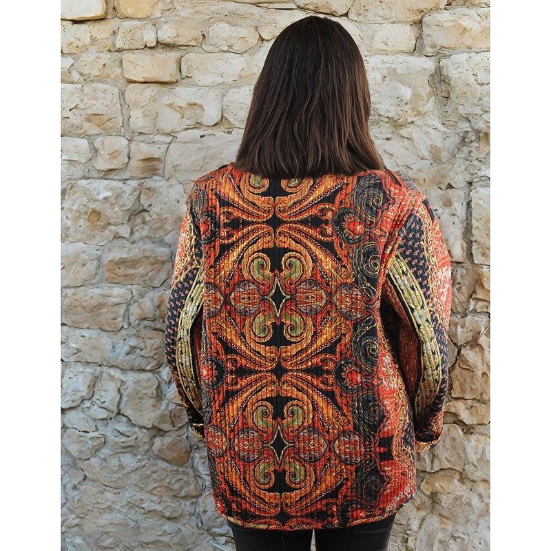 Red, Black & Gold Floral Paisley Print Reversible Quilted Jacket