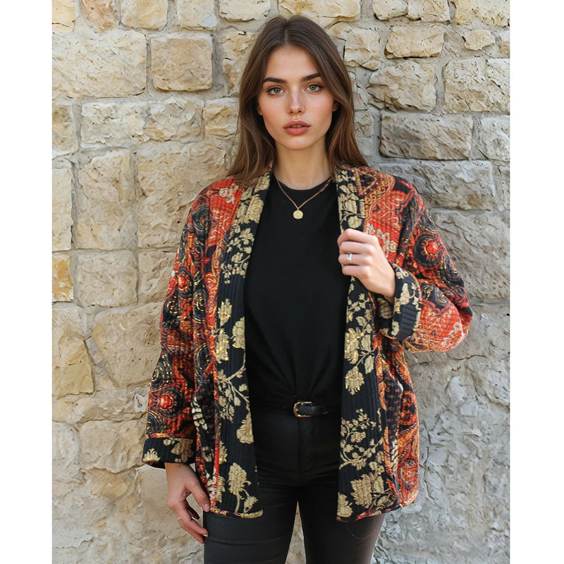 Red, Black & Gold Floral Paisley Print Reversible Quilted Jacket