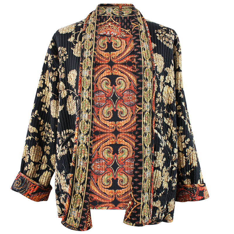 Red, Black & Gold Floral Paisley Print Reversible Quilted Jacket