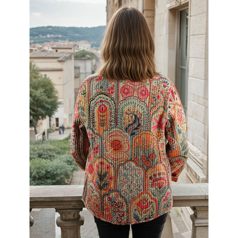 Pink, Orange & Cream Tile Print and Floral Reversible Quilted Jacket