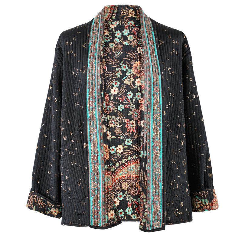 Black, Blue & Red Floral Paisley Reversible Quilted Jacket