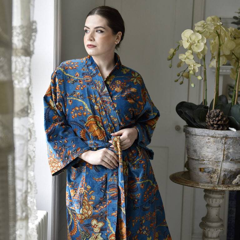 Velvet Blue Exotic Bouquet Dressing Gown