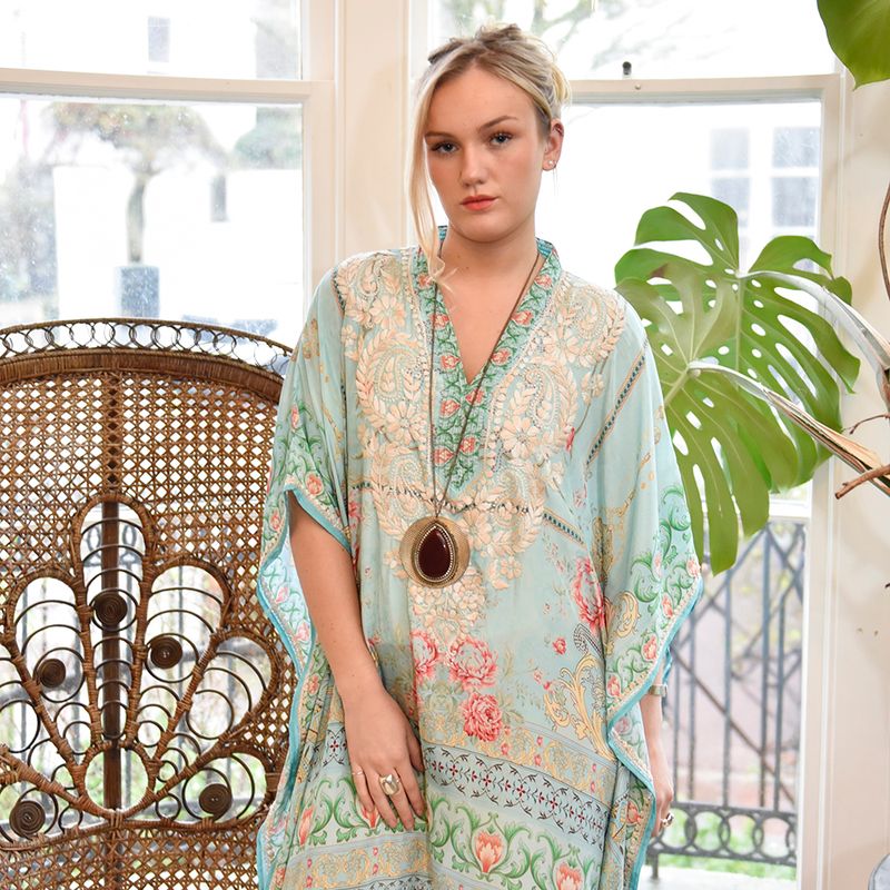 Floral Rose Border Viscose Kaftan In Turquoise with Heavy Cream Fishbone Embroidery
