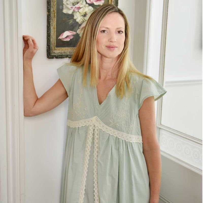 Ladies Green Cotton Lace Panel Nightdress 'Valerie'