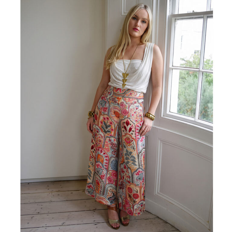 'Rei' Pink, Orange & Cream Floral Tile Print Viscose Palazzo Trousers