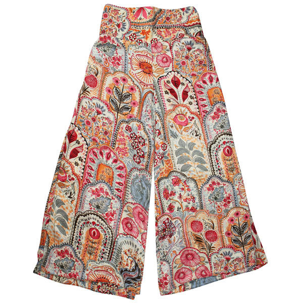'Rei' Pink, Orange & Cream Floral Tile Print Viscose Palazzo Trousers