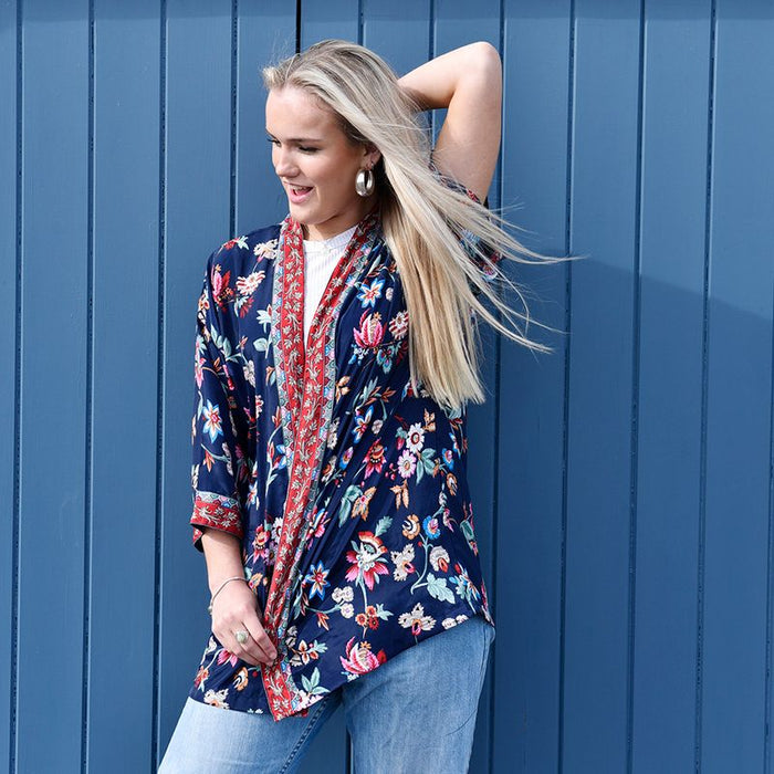 Navy Folk Floral Viscose Summer Jacket