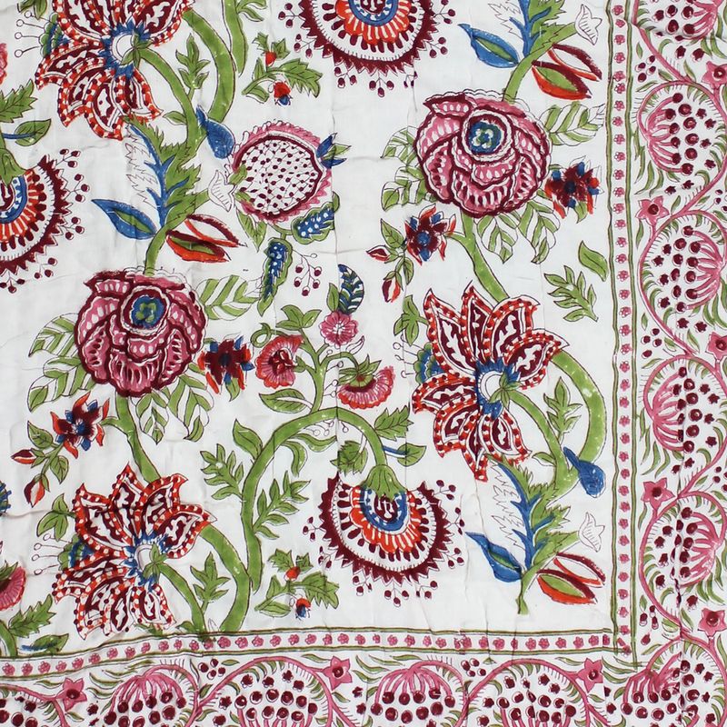 Turquoise, Pink & Burgundy Floral Indian Block Printed Cotton Bed Quilt
