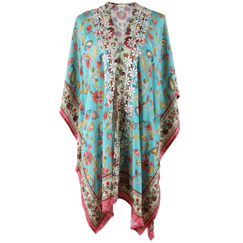 Exotic Floral Viscose Kaftan Jacket with Heavy Cream Fishbone Embroidery