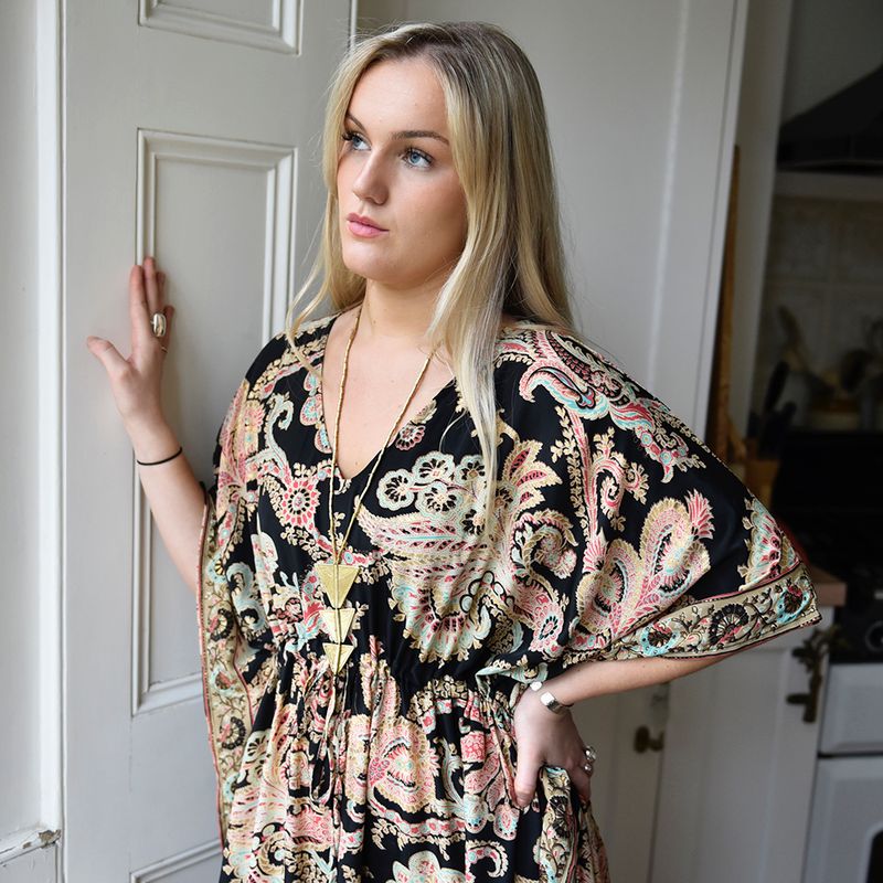 'Misty' Black, Rose & Gold Floral Baroque Print Kaftan Dress