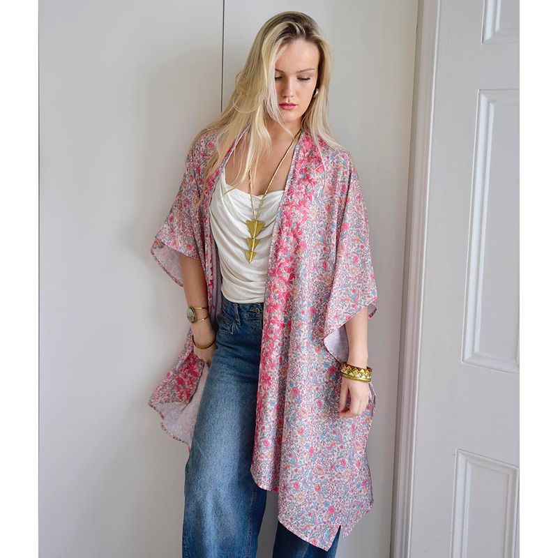 Pastel Floral Viscose Kaftan Jacket with Heavy Pink Ombre Fishbone Embroidery