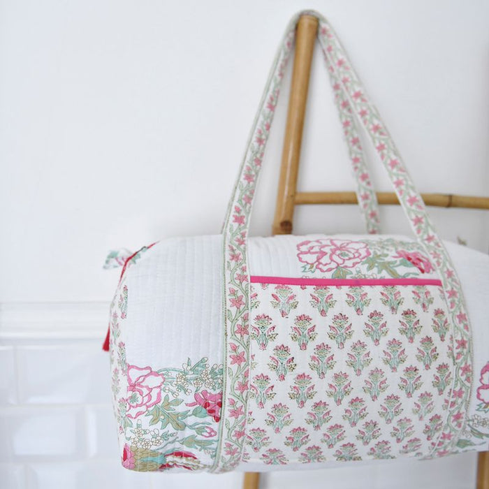 Block Printed Pink & Mint Floral Bird Quilted Duffle Bag