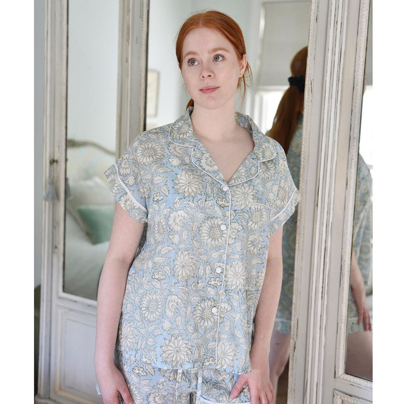 Block Printed Blue Cornflower Cotton Short Pyjama Set