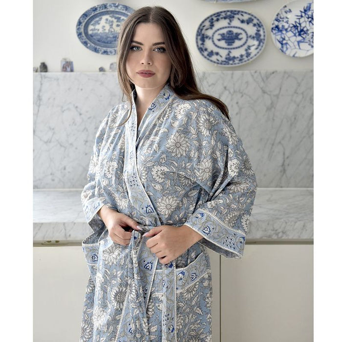 Block Printed Blue Cornflower Cotton Dressing Gown