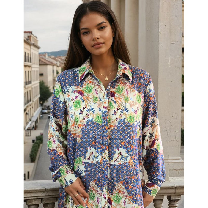 'Dawn' Buttoned Blue & Orange Mixed Floral Print Shirt Dress