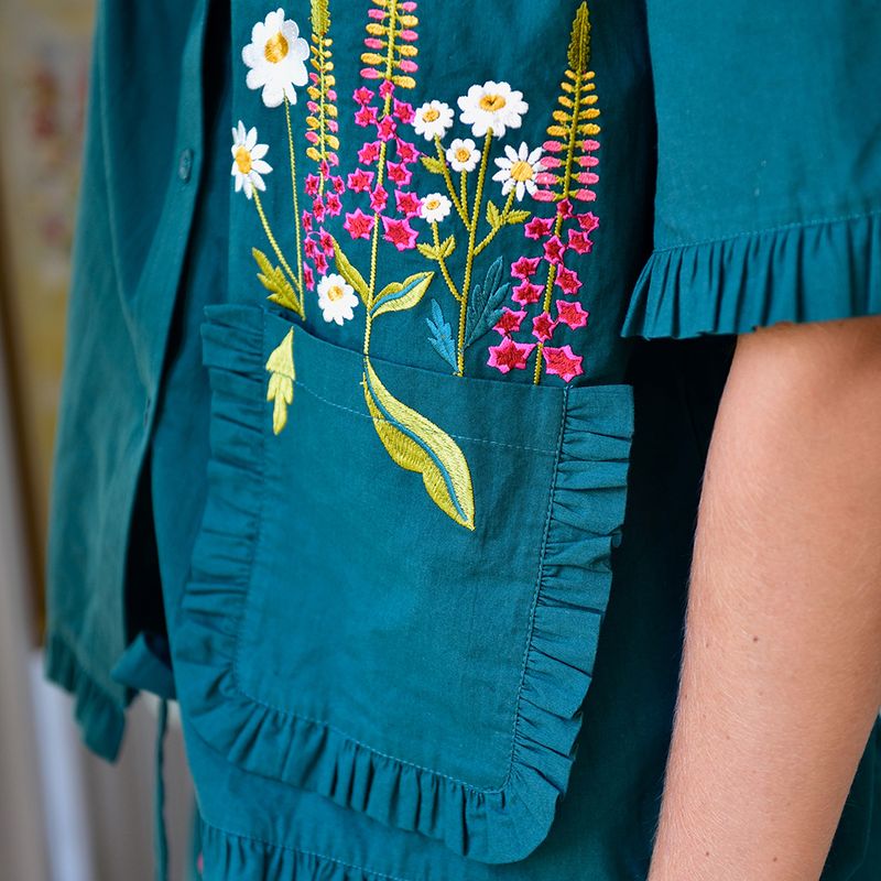 Forest Green Embroidered Floral Cotton Short Pyjama Set