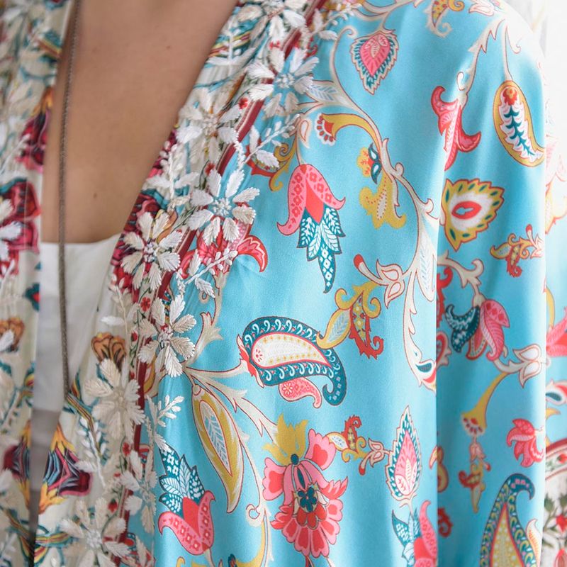 Exotic Floral Viscose Kaftan Jacket with Heavy Cream Fishbone Embroidery