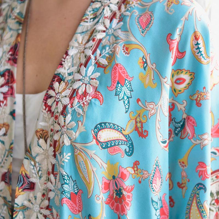 Exotic Floral Viscose Kaftan Jacket with Heavy Cream Fishbone Embroidery