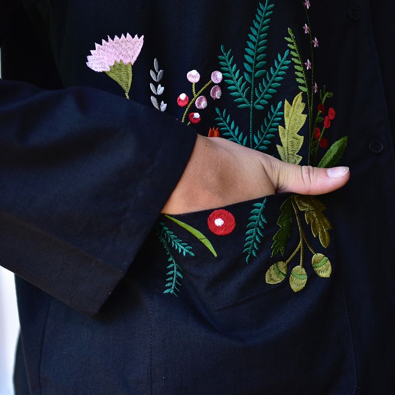 Midnight Black Embroidered Woodland Cotton Pyjamas