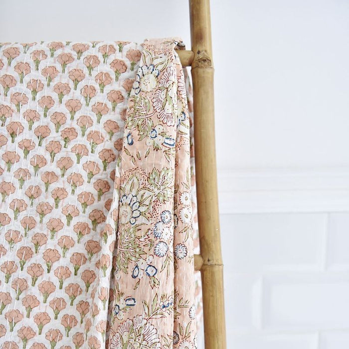 Block Printed Peach Floral Kantha Throw