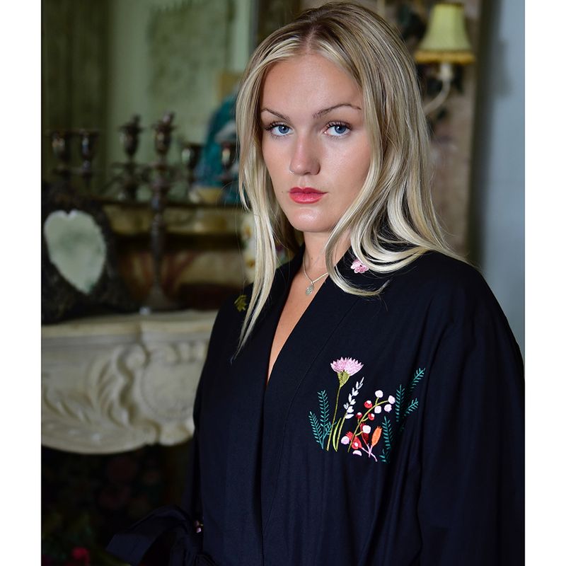 Midnight Black Embroidered Woodland Cotton Dressing Gown