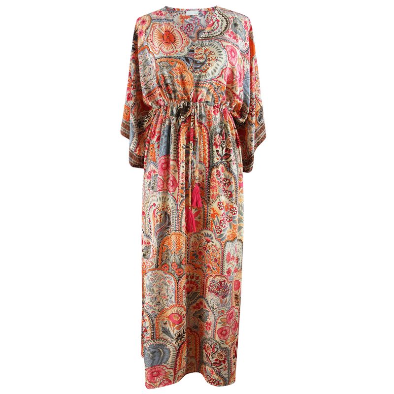 'Teagan' Pink, Orange & Cream Floral Tile Print Batwing Dress