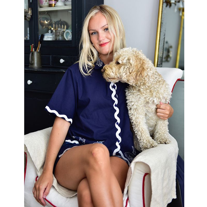 Navy Blue Embroidered Sea Shell Cotton Short Pyjama Set
