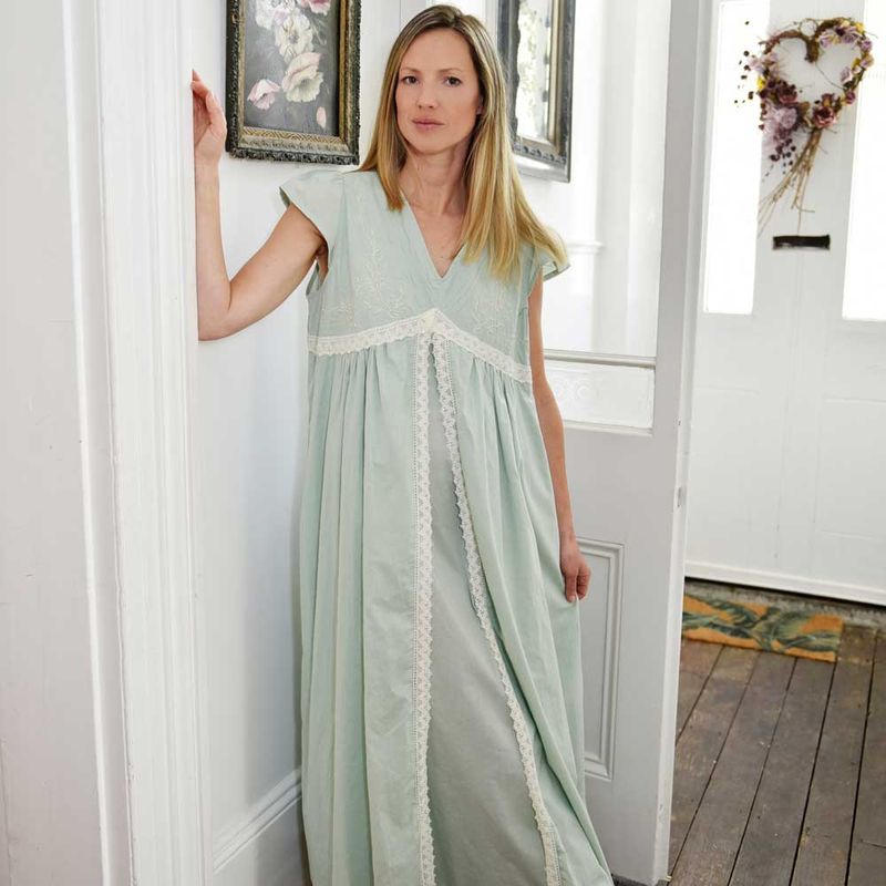 Ladies Green Cotton Lace Panel Nightdress 'Valerie'