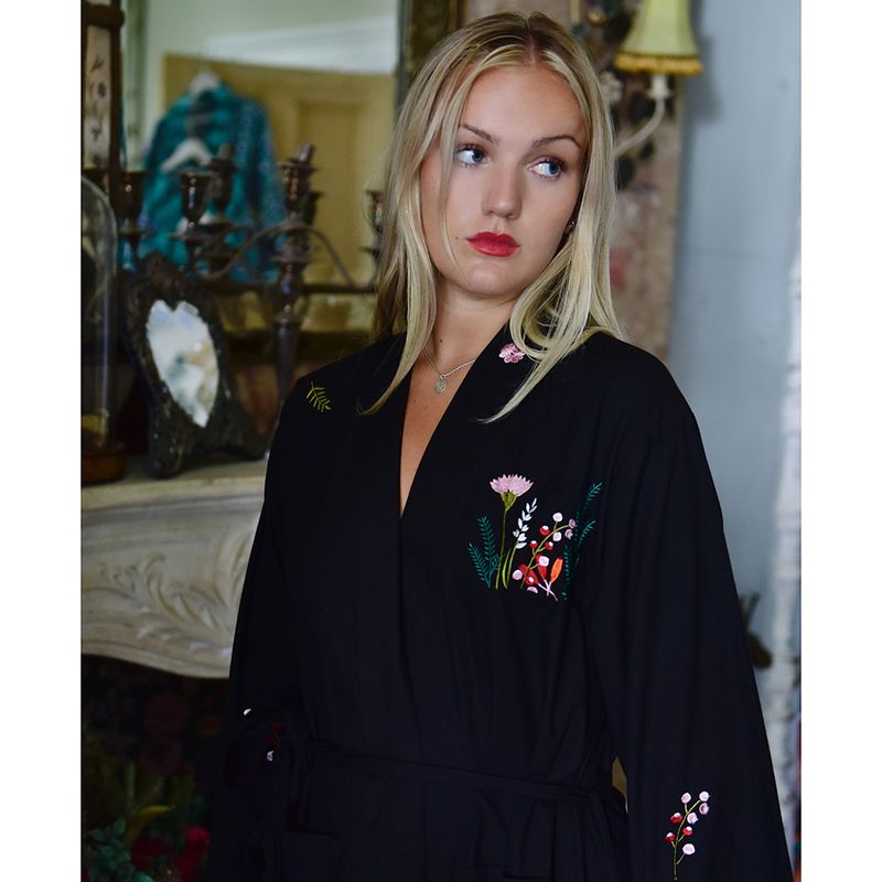 Midnight Black Embroidered Woodland Cotton Dressing Gown