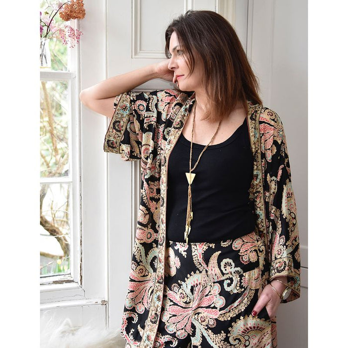 Black, Rose & Gold Floral Baroque Viscose Long Summer Jacket