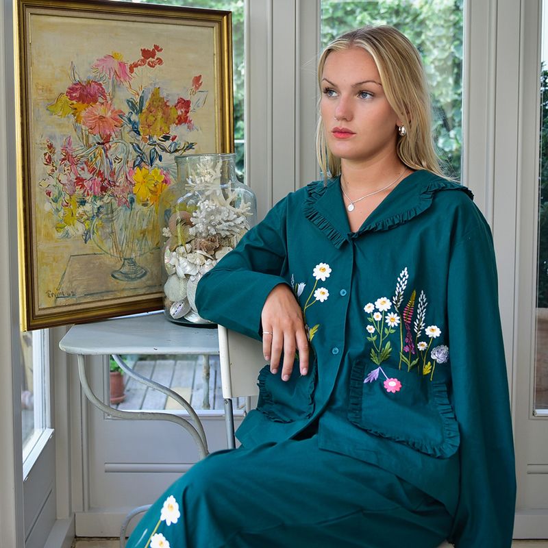 Forest Green Embroidered Floral Cotton Pyjamas