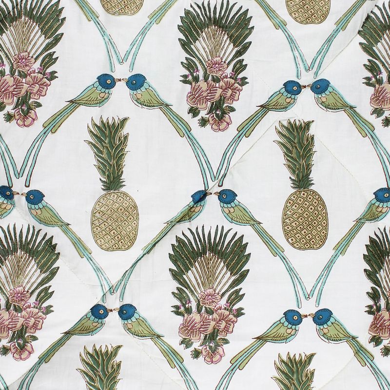 Pineapple & Bluebird Print Cotton Indian Bed Quilt