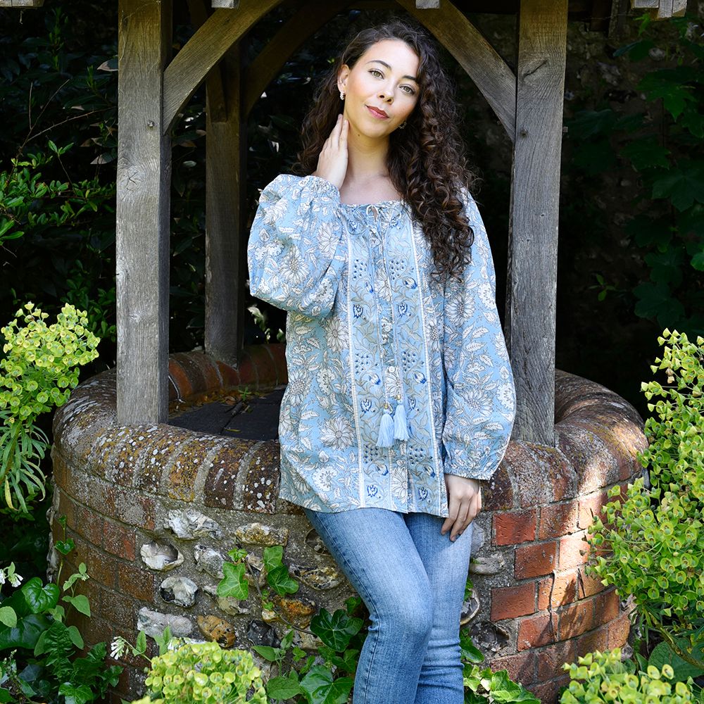 Block Printed Blue Cornflower Cotton Blouse 'Emery'