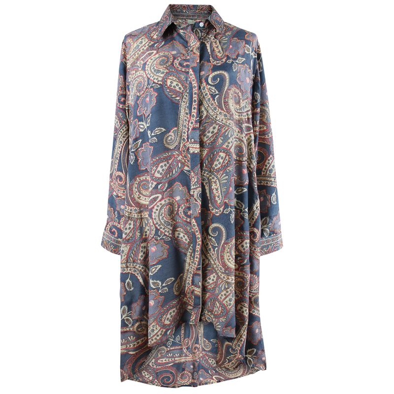 'Flora' Buttoned Blue Grey, Coral & Cream Paisley Print Shirt Dress